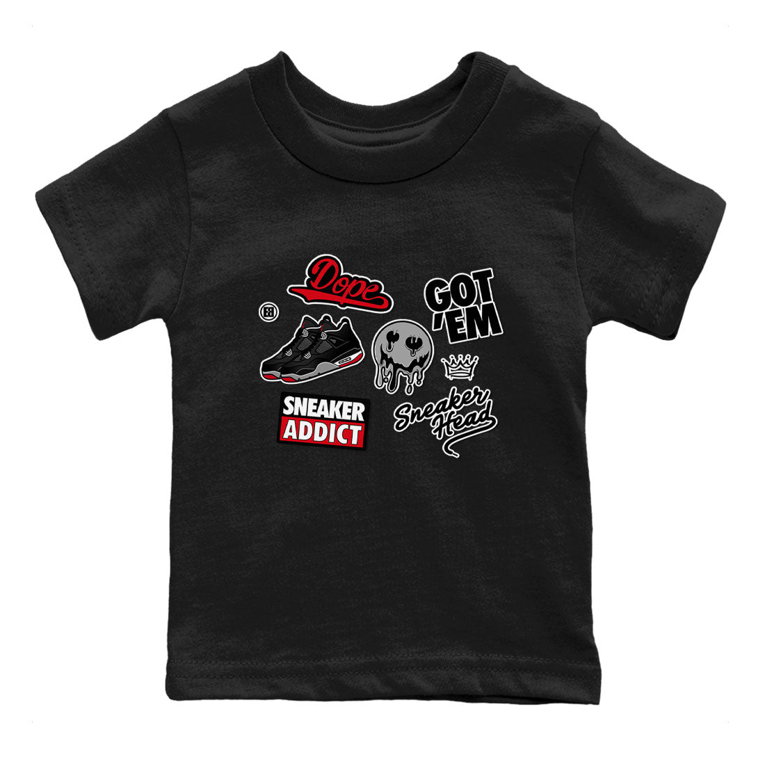 AJ4 Retro Bred Reimagined shirt to match jordans Sneakerhead Sticker sneaker tees Air Jordan 4 Retro Bred Reimagined SNRT sneaker release tees baby toddler Black 2 cotton Shirt