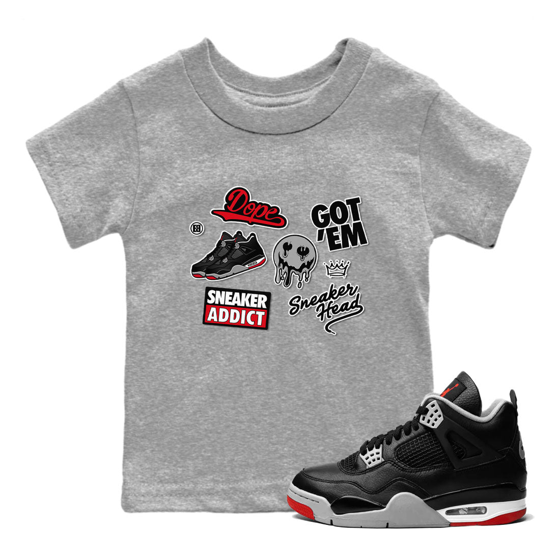 AJ4 Retro Bred Reimagined shirt to match jordans Sneakerhead Sticker sneaker tees Air Jordan 4 Retro Bred Reimagined SNRT sneaker release tees baby toddler Heather Grey 1 cotton Shirt