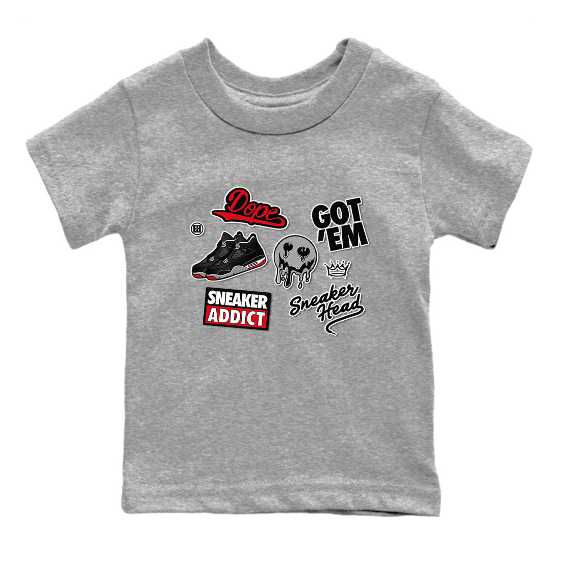 AJ4 Retro Bred Reimagined shirt to match jordans Sneakerhead Sticker sneaker tees Air Jordan 4 Retro Bred Reimagined SNRT sneaker release tees baby toddler Heather Grey 2 cotton Shirt