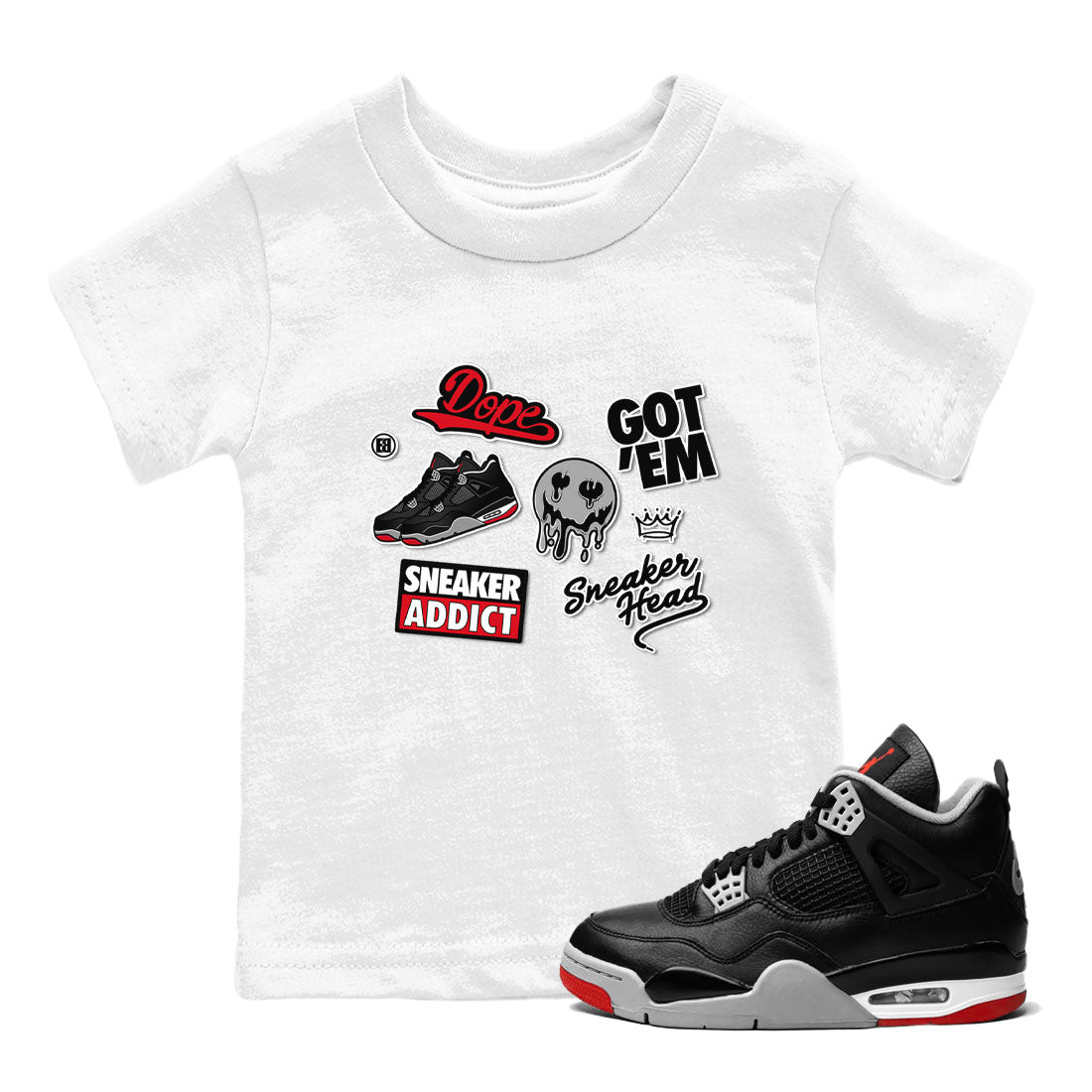 AJ4 Retro Bred Reimagined shirt to match jordans Sneakerhead Sticker sneaker tees Air Jordan 4 Retro Bred Reimagined SNRT sneaker release tees baby toddler White 1 cotton Shirt