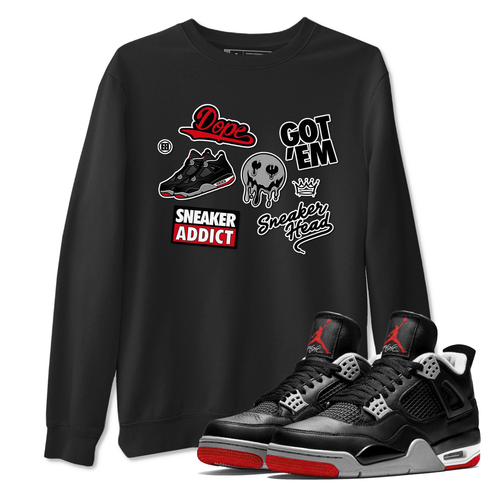 AJ4 Retro Bred Reimagined shirt to match jordans Sneakerhead Sticker sneaker tees Air Jordan 4 Retro Bred Reimagined SNRT sneaker release Tees unisex cotton Black 1 crew neck shirt