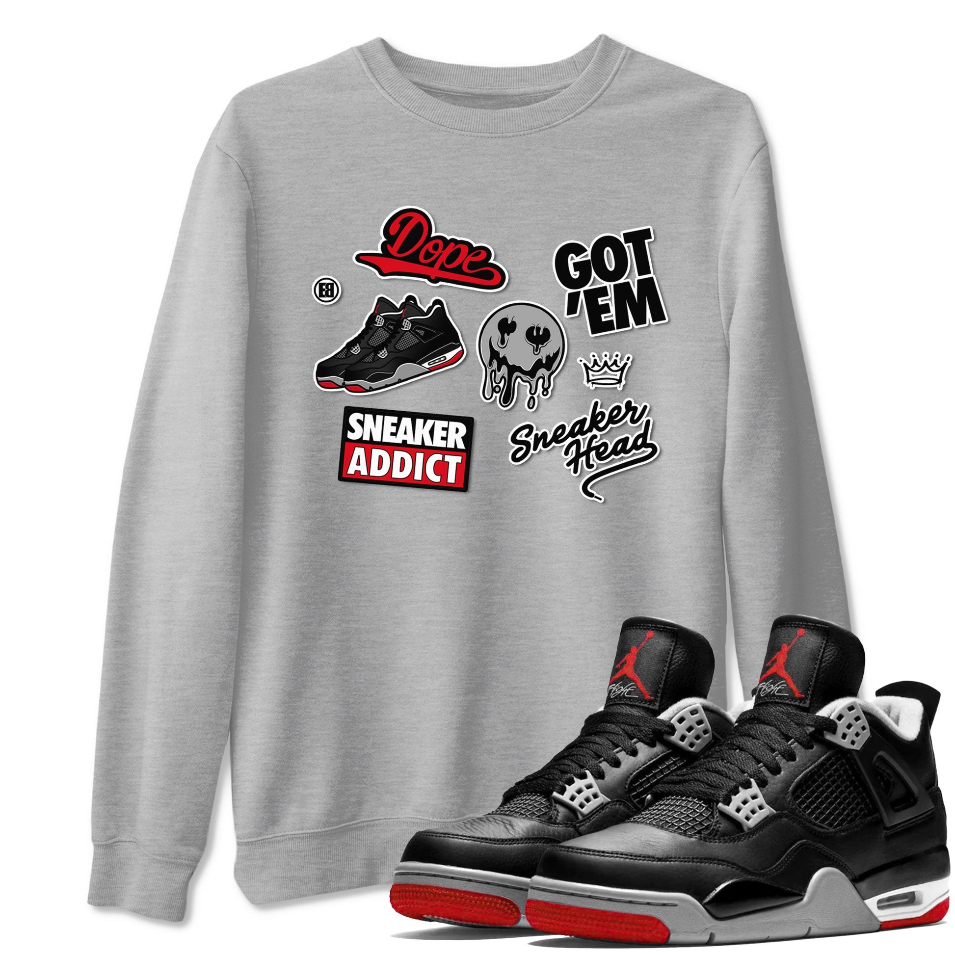 AJ4 Retro Bred Reimagined shirt to match jordans Sneakerhead Sticker sneaker tees Air Jordan 4 Retro Bred Reimagined SNRT sneaker release Tees unisex cotton Heather Grey 1 crew neck shirt