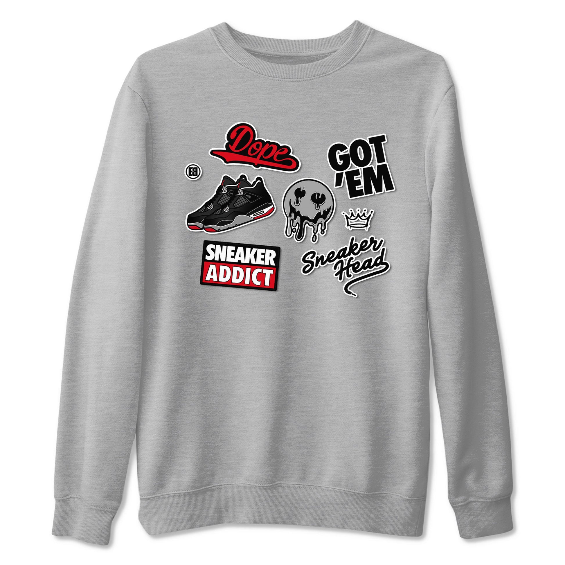 AJ4 Retro Bred Reimagined shirt to match jordans Sneakerhead Sticker sneaker tees Air Jordan 4 Retro Bred Reimagined SNRT sneaker release Tees unisex cotton Heather Grey 2 crew neck shirt