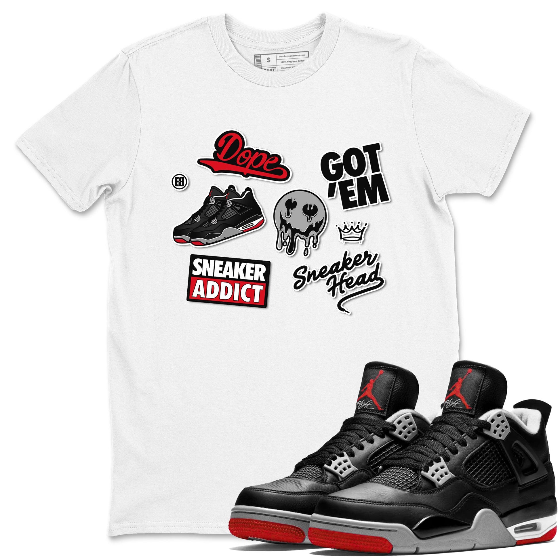 AJ4 Retro Bred Reimagined shirt to match jordans Sneakerhead Sticker sneaker tees Air Jordan 4 Retro Bred Reimagined SNRT sneaker release Tees unisex cotton White 1 crew neck shirt