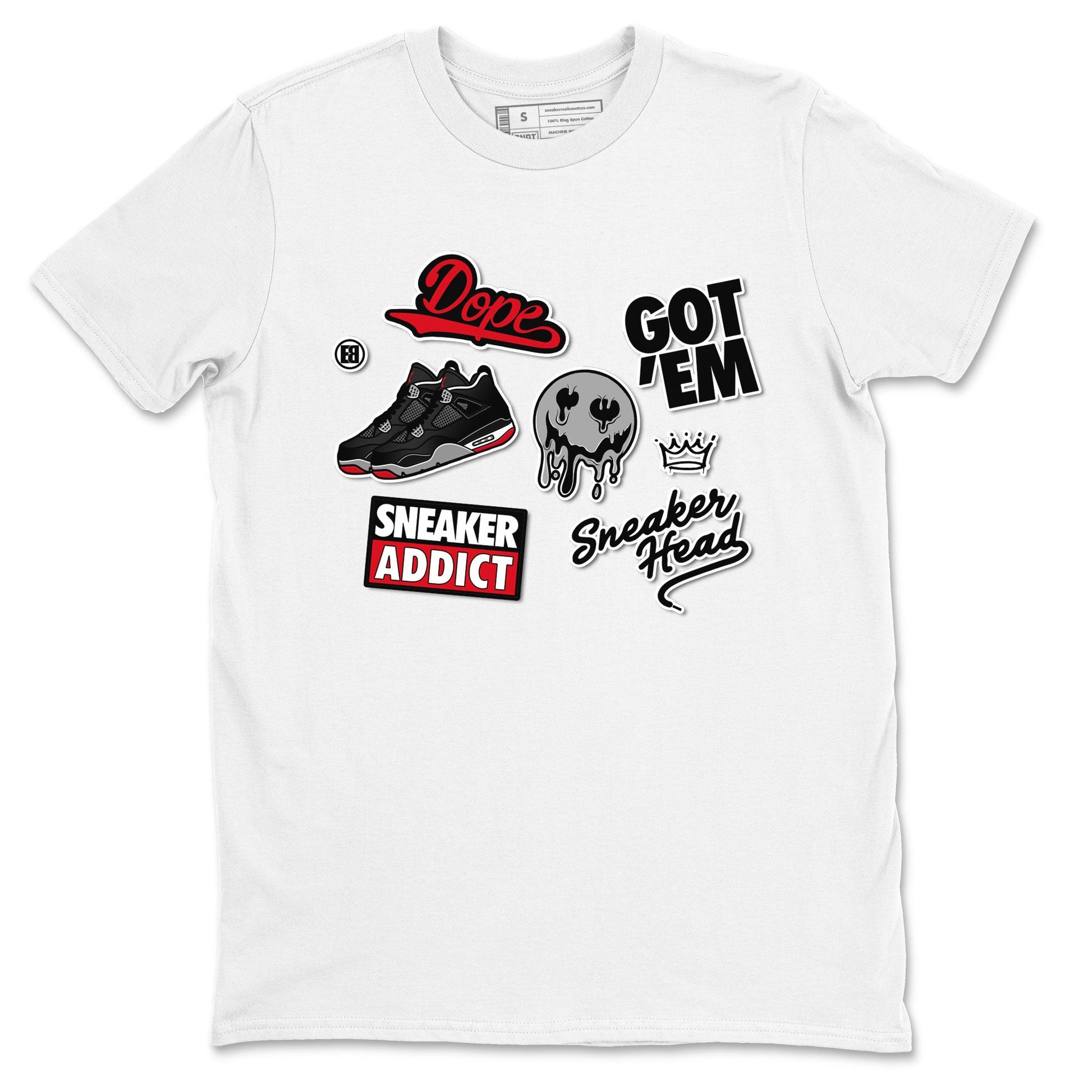 AJ4 Retro Bred Reimagined shirt to match jordans Sneakerhead Sticker sneaker tees Air Jordan 4 Retro Bred Reimagined SNRT sneaker release Tees unisex cotton White 2 crew neck shirt