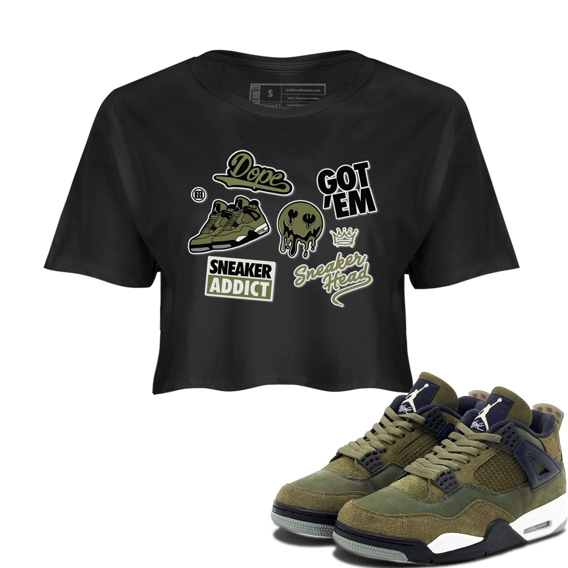 AJ4 Medium Olive shirt to match jordans Sneakerhead Sticker sneaker matching tees Air Jordan 4 Medium Olive SNRT Sneaker Tees Black 1 Crop T-Shirt
