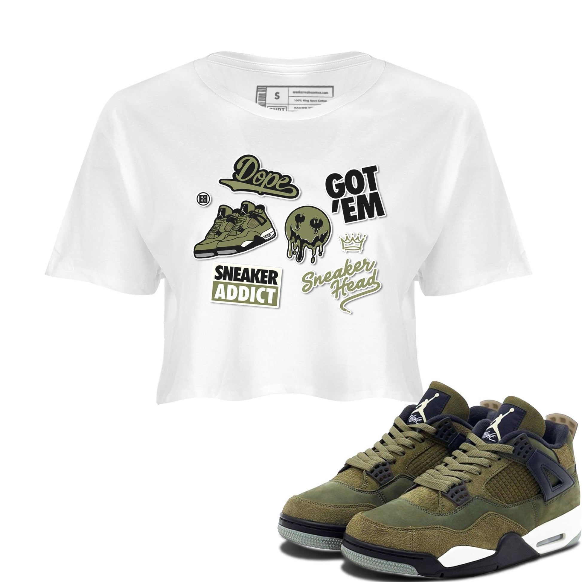 AJ4 Medium Olive shirt to match jordans Sneakerhead Sticker sneaker matching tees Air Jordan 4 Medium Olive SNRT Sneaker Tees White 1 Crop T-Shirt