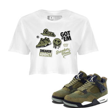AJ4 Medium Olive shirt to match jordans Sneakerhead Sticker sneaker matching tees Air Jordan 4 Medium Olive SNRT Sneaker Tees White 1 Crop T-Shirt