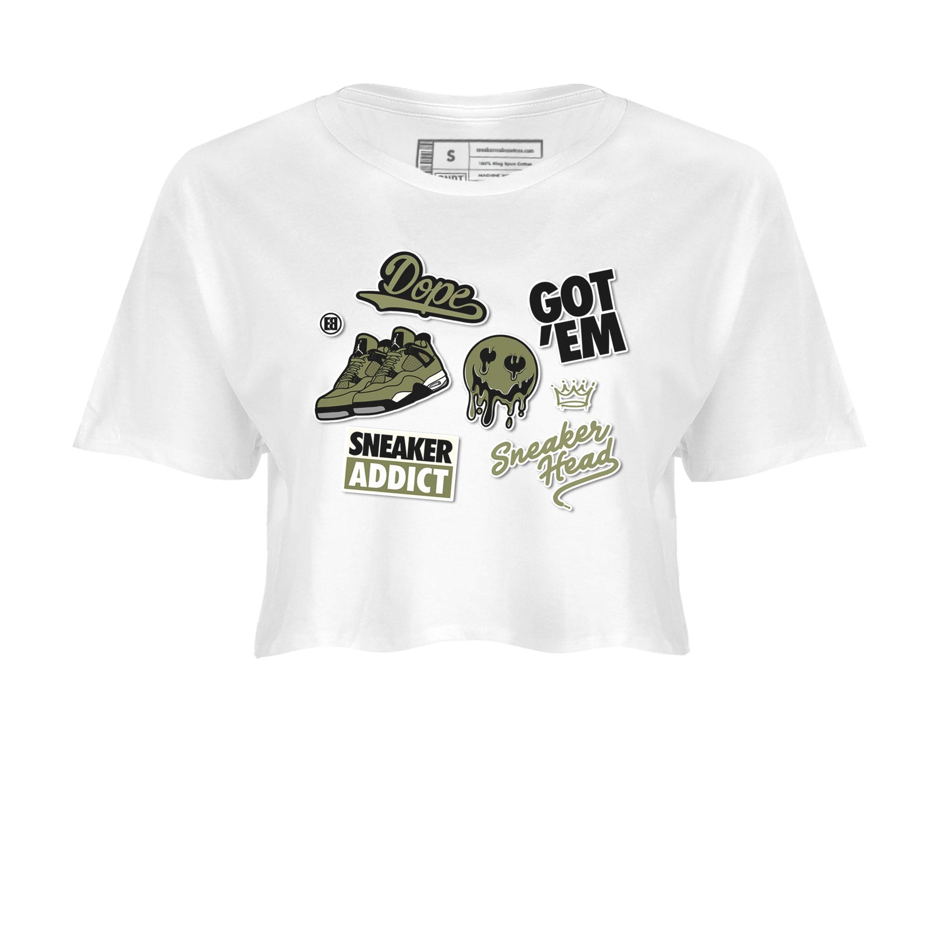 AJ4 Medium Olive shirt to match jordans Sneakerhead Sticker sneaker matching tees Air Jordan 4 Medium Olive SNRT Sneaker Tees White 2 Crop T-Shirt