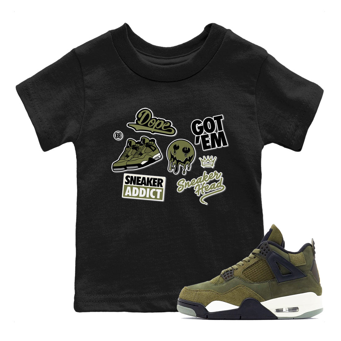 AJ4 Medium Olive shirt to match jordans Sneakerhead Sticker sneaker matching tees Air Jordan 4 Medium Olive SNRT Sneaker Tees Baby Toddler Black 1 T-Shirt