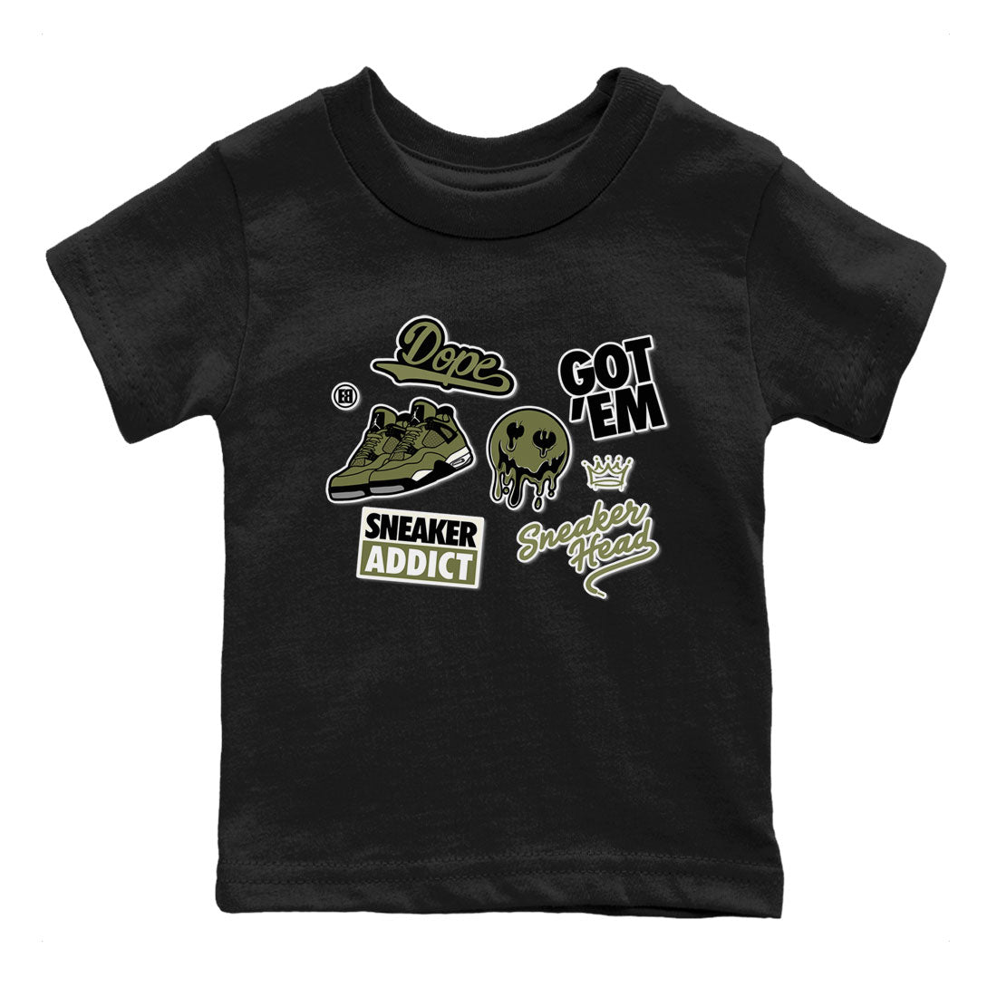 AJ4 Medium Olive shirt to match jordans Sneakerhead Sticker sneaker matching tees Air Jordan 4 Medium Olive SNRT Sneaker Tees Baby Toddler Black 2 T-Shirt