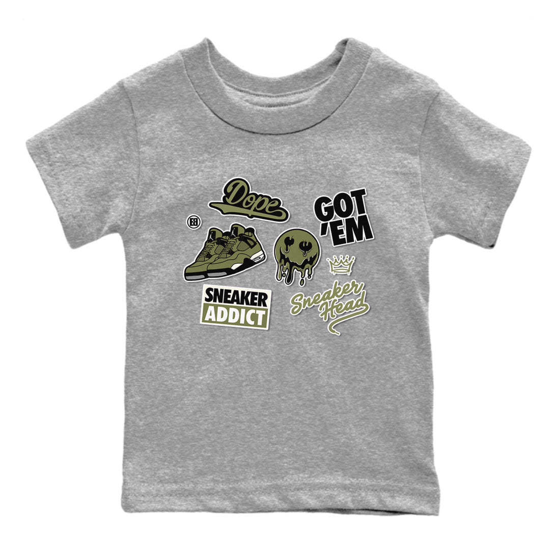 AJ4 Medium Olive shirt to match jordans Sneakerhead Sticker sneaker matching tees Air Jordan 4 Medium Olive SNRT Sneaker Tees Baby Toddler Heather Grey 2 T-Shirt