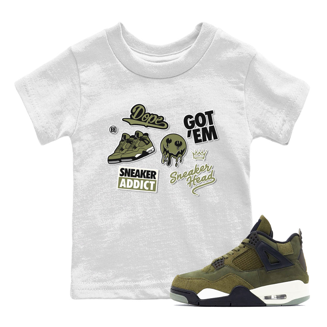 AJ4 Medium Olive shirt to match jordans Sneakerhead Sticker sneaker matching tees Air Jordan 4 Medium Olive SNRT Sneaker Tees Baby Toddler White 1 T-Shirt