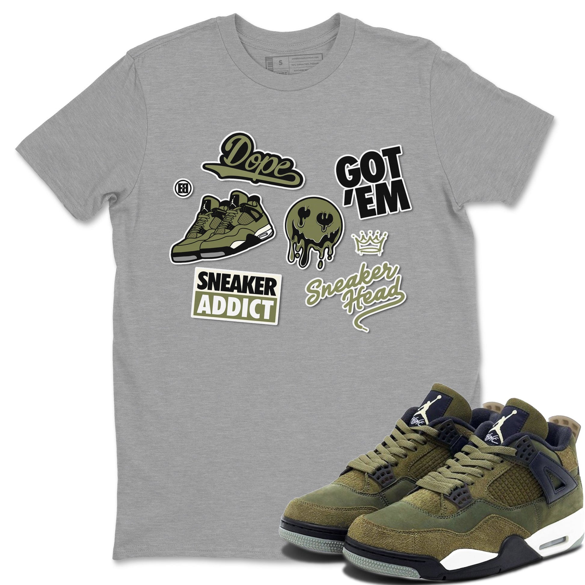 AJ4 Medium Olive shirt to match jordans Sneakerhead Sticker sneaker matching tees Air Jordan 4 Medium Olive SNRT Sneaker Tees Unisex Heather Grey 1 T-Shirt