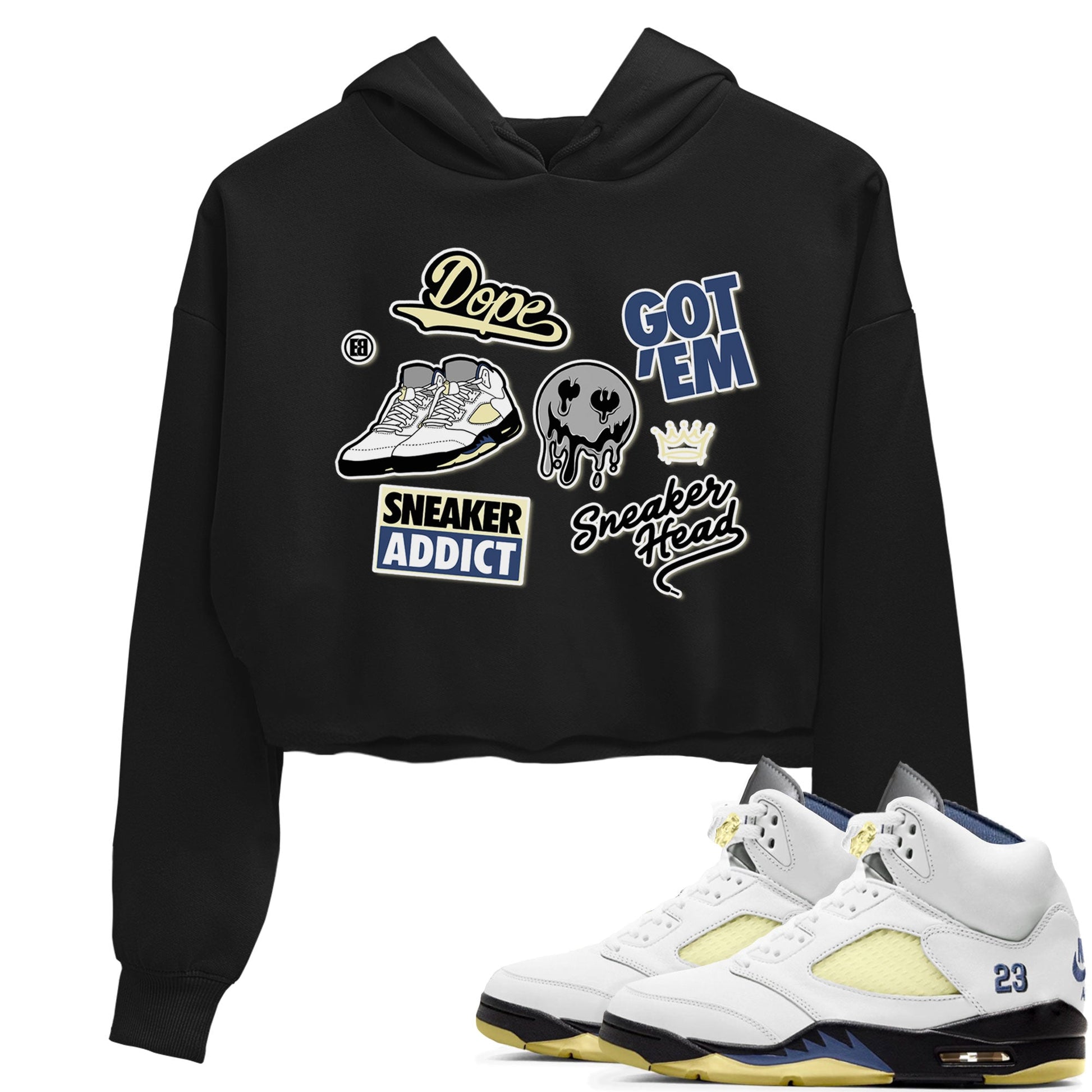 5s A Ma Maniere x Photon Dust shirt to match jordans Sneakerhead Sticker sneaker matching tees Air Jordan 5 x A Ma Maniere "Dawn" SNRT Sneaker Tees Black 1 Crop T-Shirt