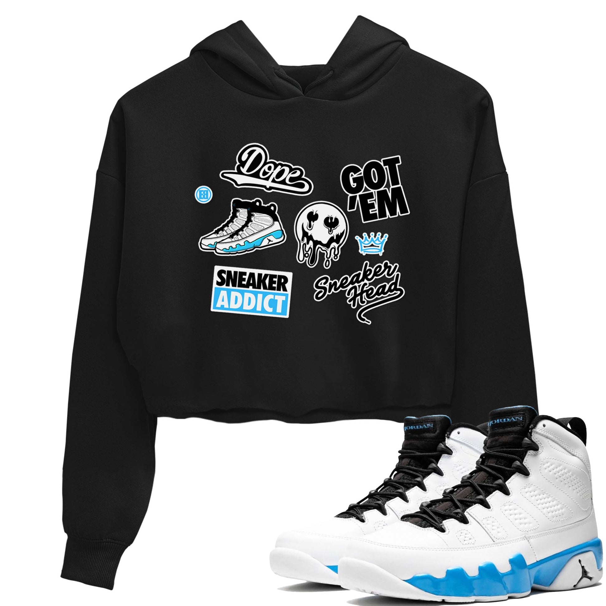 9s Powder Blue shirt to match jordans Sneakerhead Sticker sneaker tees Air Jordan 9 Powder Blue SNRT Sneaker Release Tees Black 1 crop length shirt