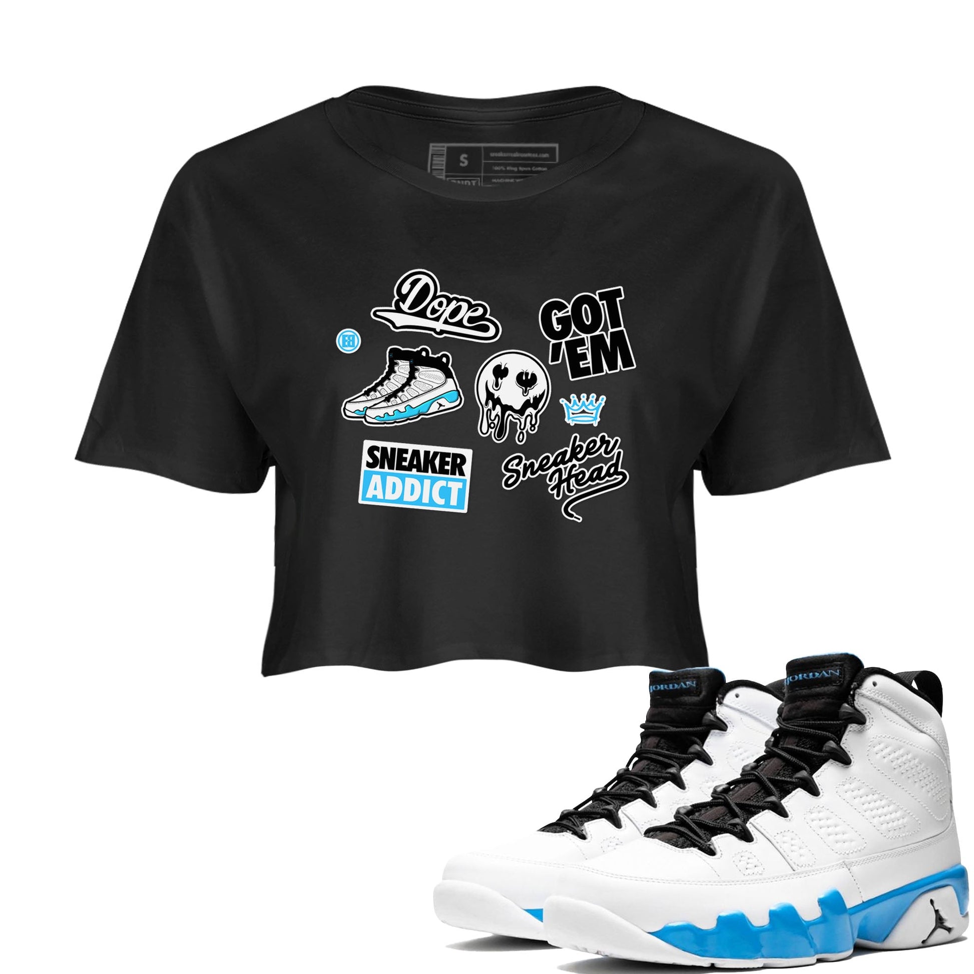 9s Powder Blue shirt to match jordans Sneakerhead Sticker sneaker tees Air Jordan 9 Powder Blue SNRT Sneaker Release Tees Black 1 crop length shirt