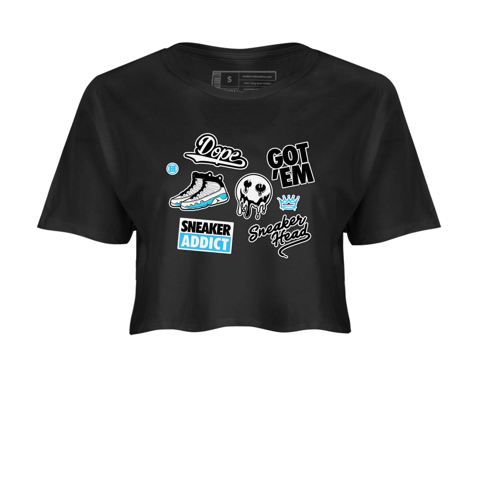 9s Powder Blue shirt to match jordans Sneakerhead Sticker sneaker tees Air Jordan 9 Powder Blue SNRT Sneaker Release Tees Black 2 crop length shirt