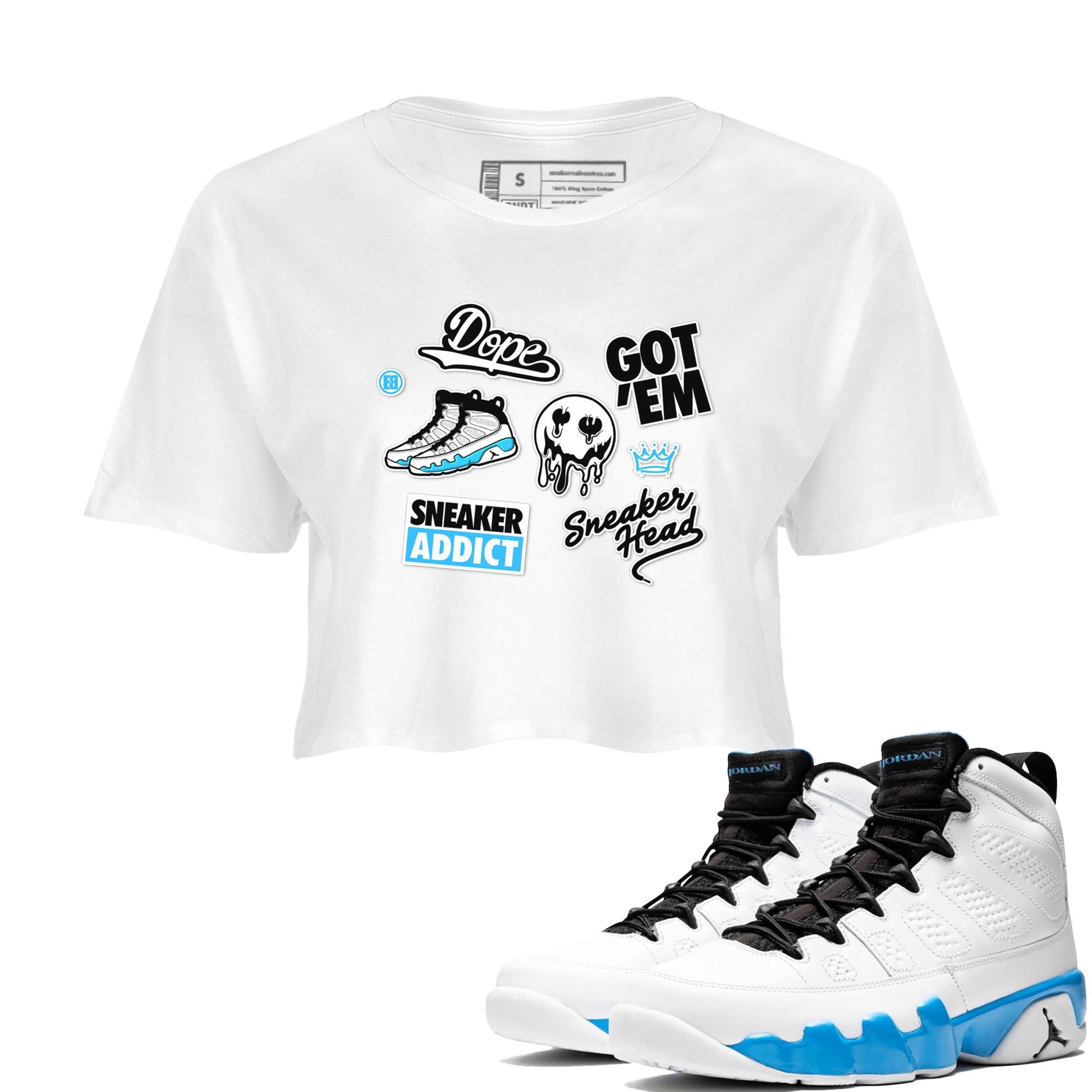 9s Powder Blue shirt to match jordans Sneakerhead Sticker sneaker tees Air Jordan 9 Powder Blue SNRT Sneaker Release Tees White 1 crop length shirt
