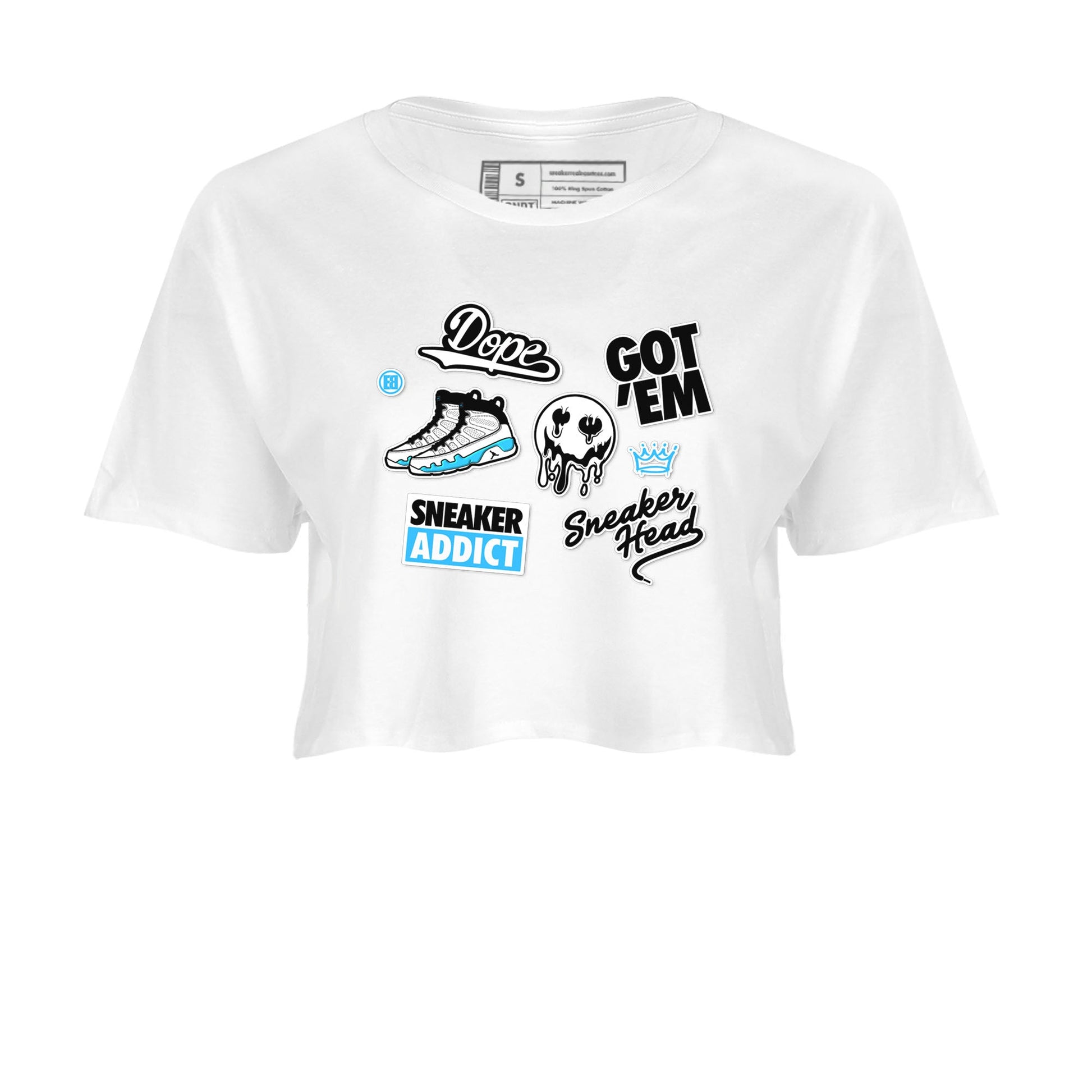 9s Powder Blue shirt to match jordans Sneakerhead Sticker sneaker tees Air Jordan 9 Powder Blue SNRT Sneaker Release Tees White 2 crop length shirt