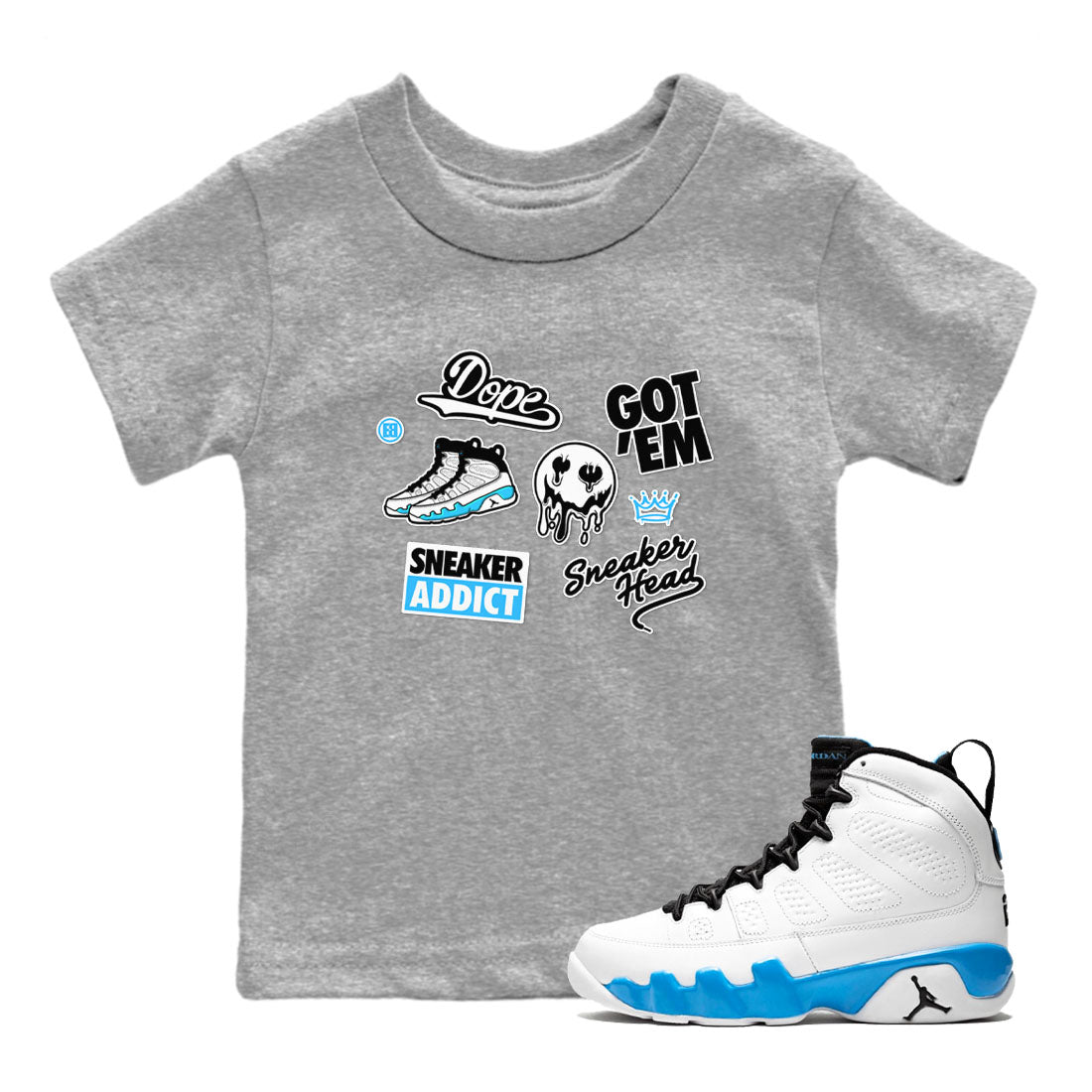 9s Powder Blue shirt to match jordans Sneakerhead Sticker sneaker tees Air Jordan 9 Powder Blue SNRT sneaker release tees baby toddler Heather Grey 1 cotton Shirt