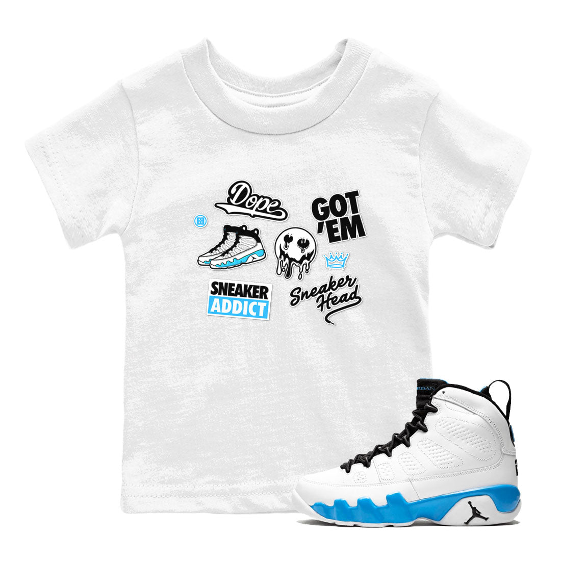 9s Powder Blue shirt to match jordans Sneakerhead Sticker sneaker tees Air Jordan 9 Powder Blue SNRT sneaker release tees baby toddler White 1 cotton Shirt