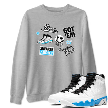 9s Powder Blue shirt to match jordans Sneakerhead Sticker sneaker tees Air Jordan 9 Powder Blue SNRT Sneaker Release Tees unisex cotton Heather Grey 1 crew neck shirt