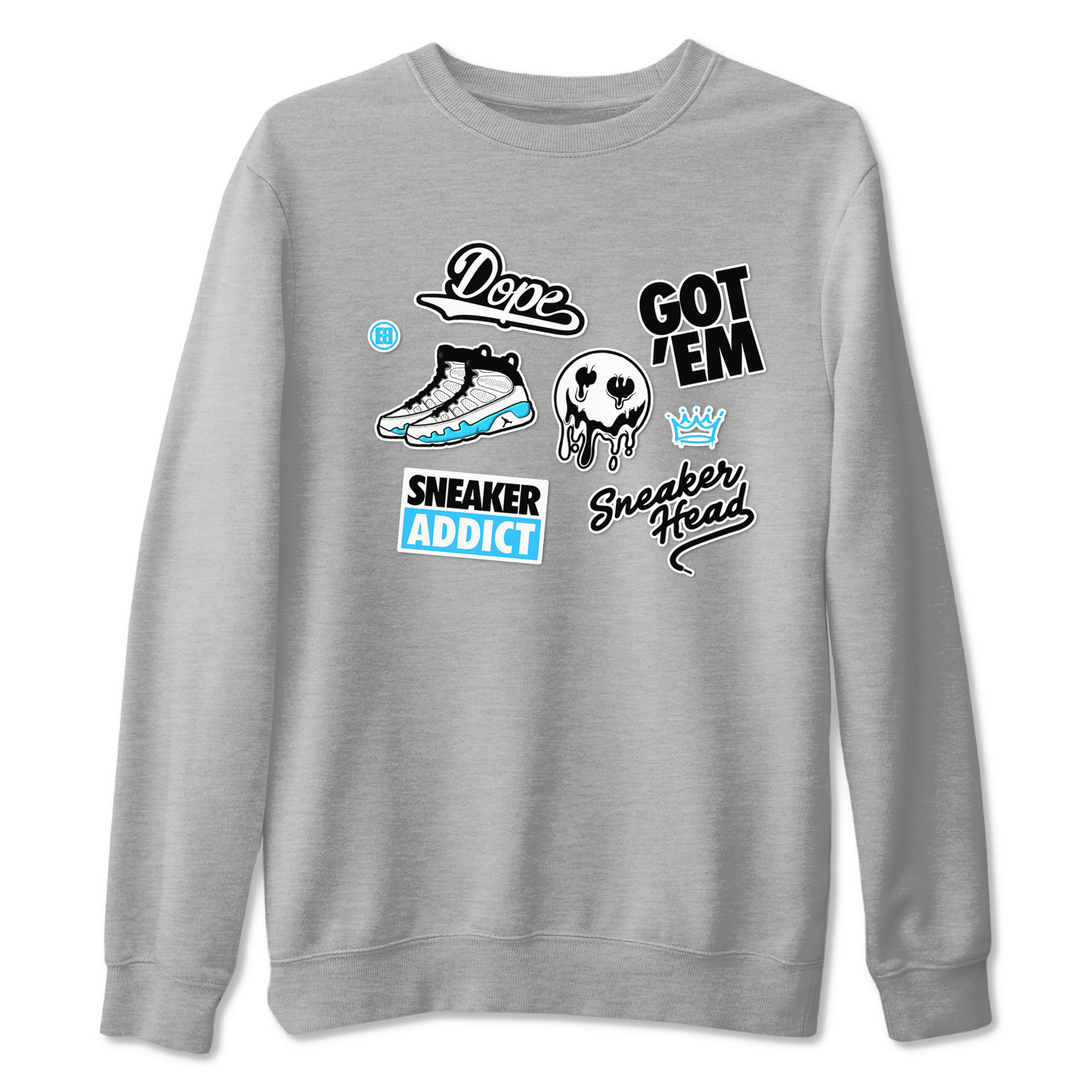 9s Powder Blue shirt to match jordans Sneakerhead Sticker sneaker tees Air Jordan 9 Powder Blue SNRT Sneaker Release Tees unisex cotton Heather Grey 2 crew neck shirt