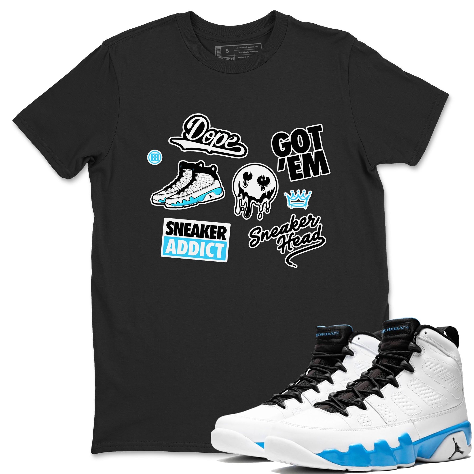 9s Powder Blue shirt to match jordans Sneakerhead Sticker sneaker tees Air Jordan 9 Powder Blue SNRT Sneaker Release Tees unisex cotton Black 1 crew neck shirt