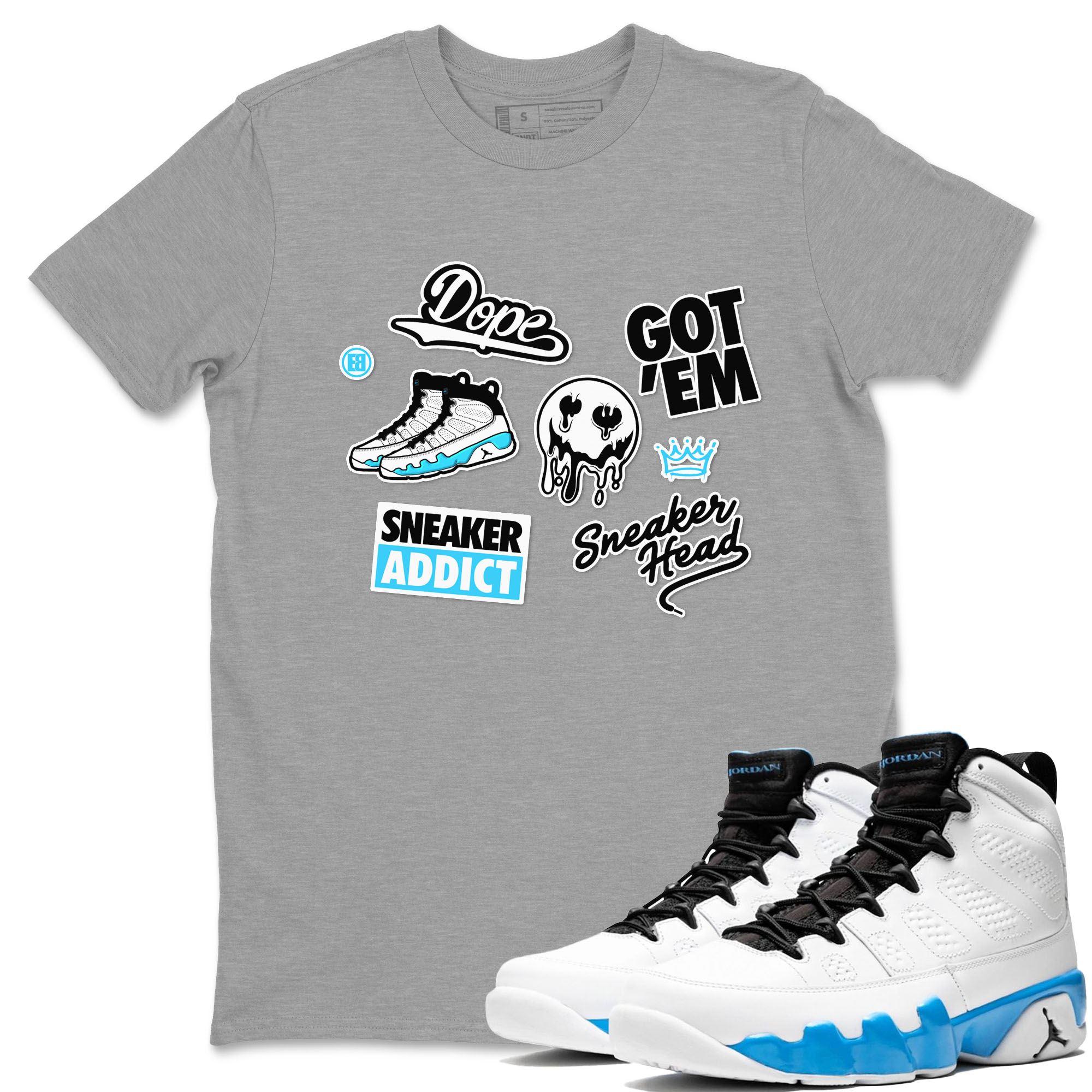 9s Powder Blue shirt to match jordans Sneakerhead Sticker sneaker tees Air Jordan 9 Powder Blue SNRT Sneaker Release Tees unisex cotton Heather Grey 1 crew neck shirt