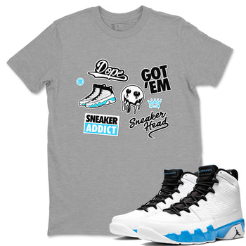 9s Powder Blue shirt to match jordans Sneakerhead Sticker sneaker tees Air Jordan 9 Powder Blue SNRT Sneaker Release Tees unisex cotton Heather Grey 1 crew neck shirt