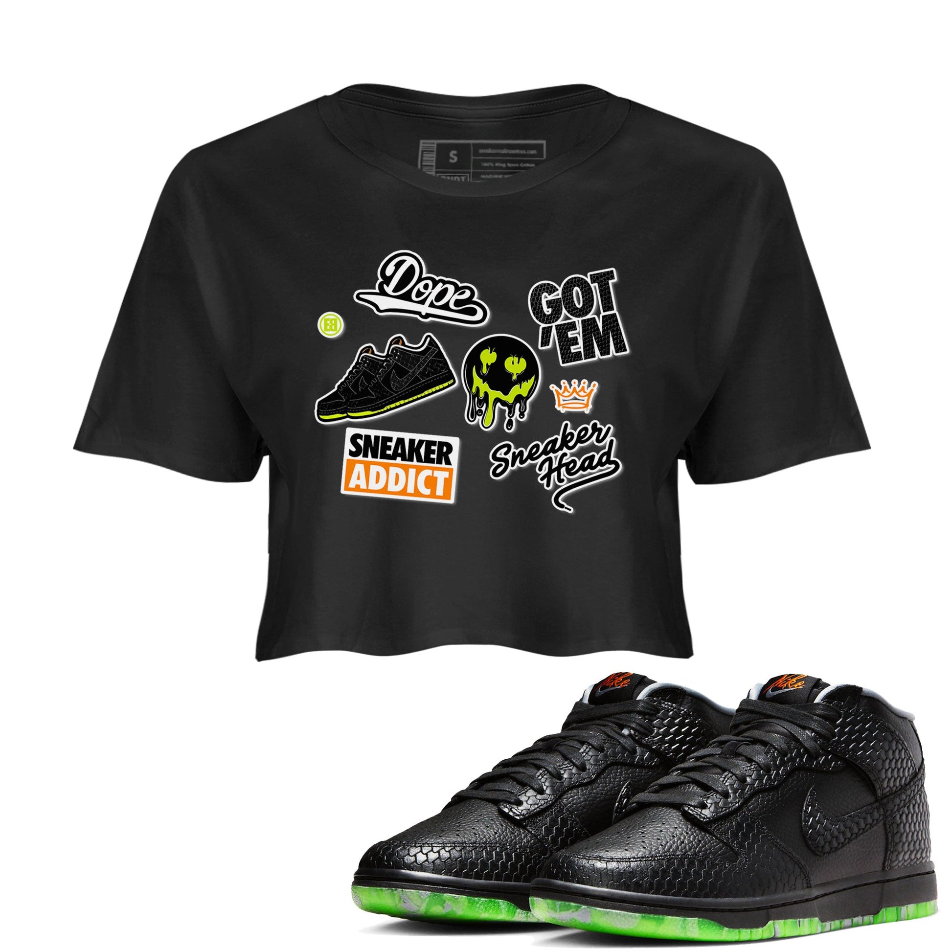 Dunk Mid Premium shirt to match jordans Sneakerhead Sticker sneaker tees Special Halloween Costume Dunk Mid Halloween SNRT Sneaker Tees Black 1 Crop T-Shirt