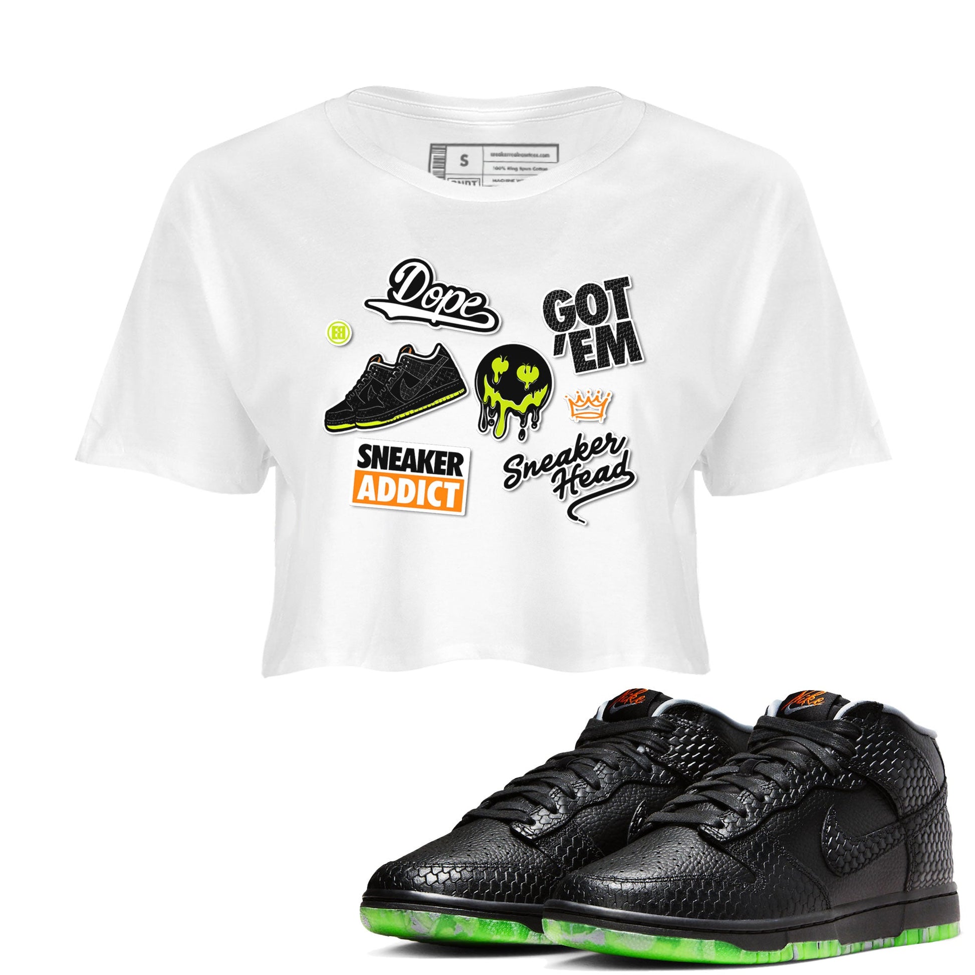 Dunk Mid Premium shirt to match jordans Sneakerhead Sticker sneaker tees Special Halloween Costume Dunk Mid Halloween SNRT Sneaker Tees White 1 Crop T-Shirt