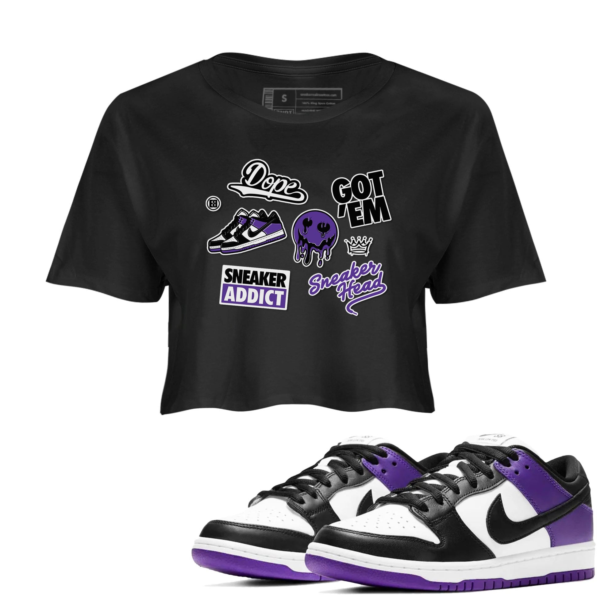 Sneakerhead Sticker sneaker match tees to Court Purple Dunks street fashion brand for shirts to match Jordans SNRT Sneaker Tees Dunk Low Court Purple unisex t-shirt Black 1 crop shirt