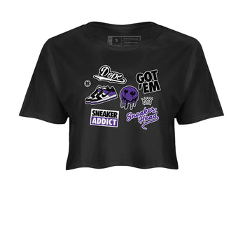 Sneakerhead Sticker sneaker match tees to Court Purple Dunks street fashion brand for shirts to match Jordans SNRT Sneaker Tees Dunk Low Court Purple unisex t-shirt Black 2 crop shirt