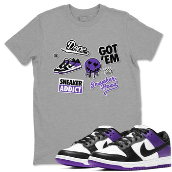 Sneakerhead Sticker sneaker match tees to Court Purple Dunks street fashion brand for shirts to match Jordans SNRT Sneaker Tees Dunk Low Court Purple unisex t-shirt Heather Grey 1 unisex shirt