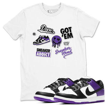 Sneakerhead Sticker sneaker match tees to Court Purple Dunks street fashion brand for shirts to match Jordans SNRT Sneaker Tees Dunk Low Court Purple unisex t-shirt White 1 unisex shirt