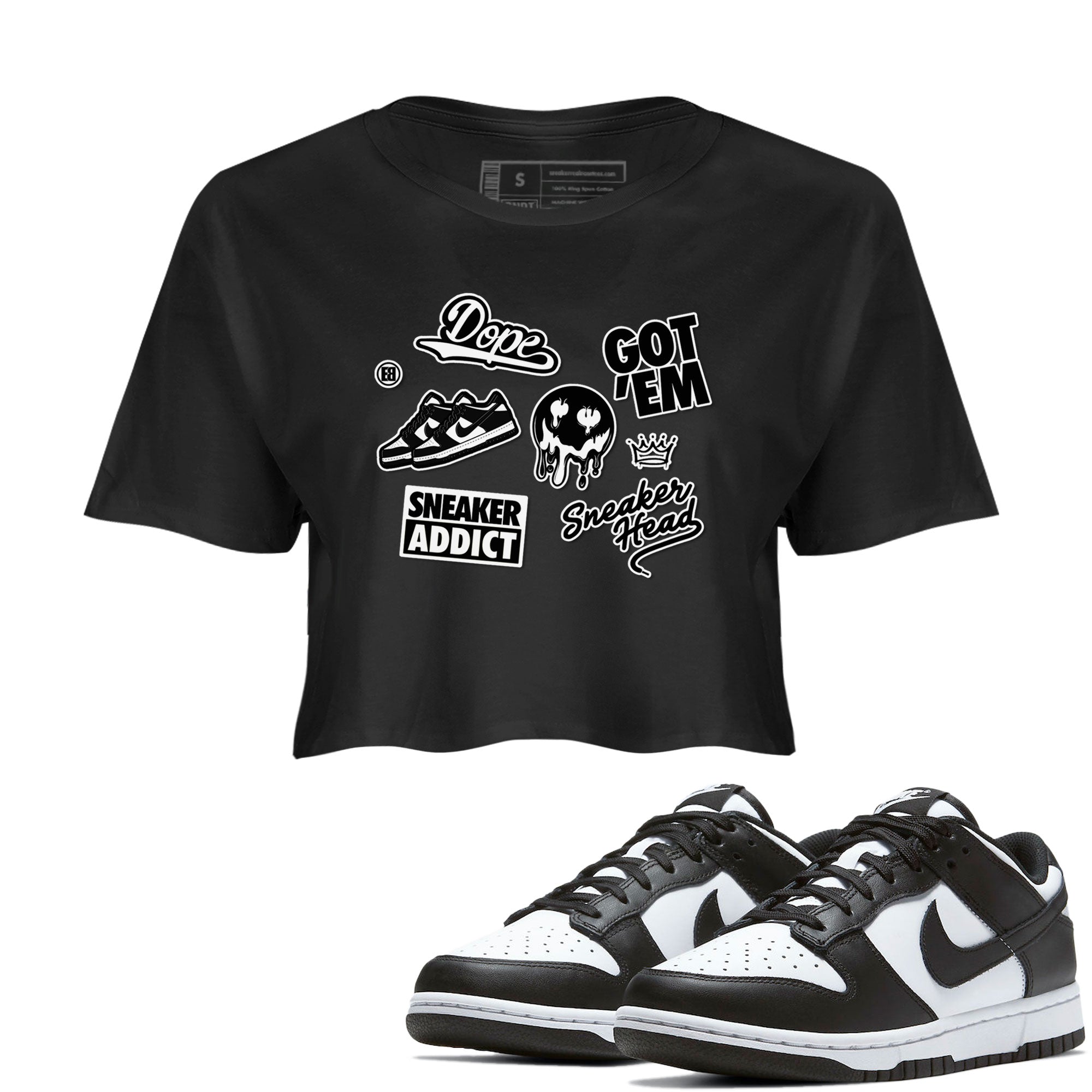 Dunk Low Panda shirt to match jordans Sneakerhead Sticker sneaker tees Dunk Panda SNRT Sneaker Tees Black 1 women's crop tee