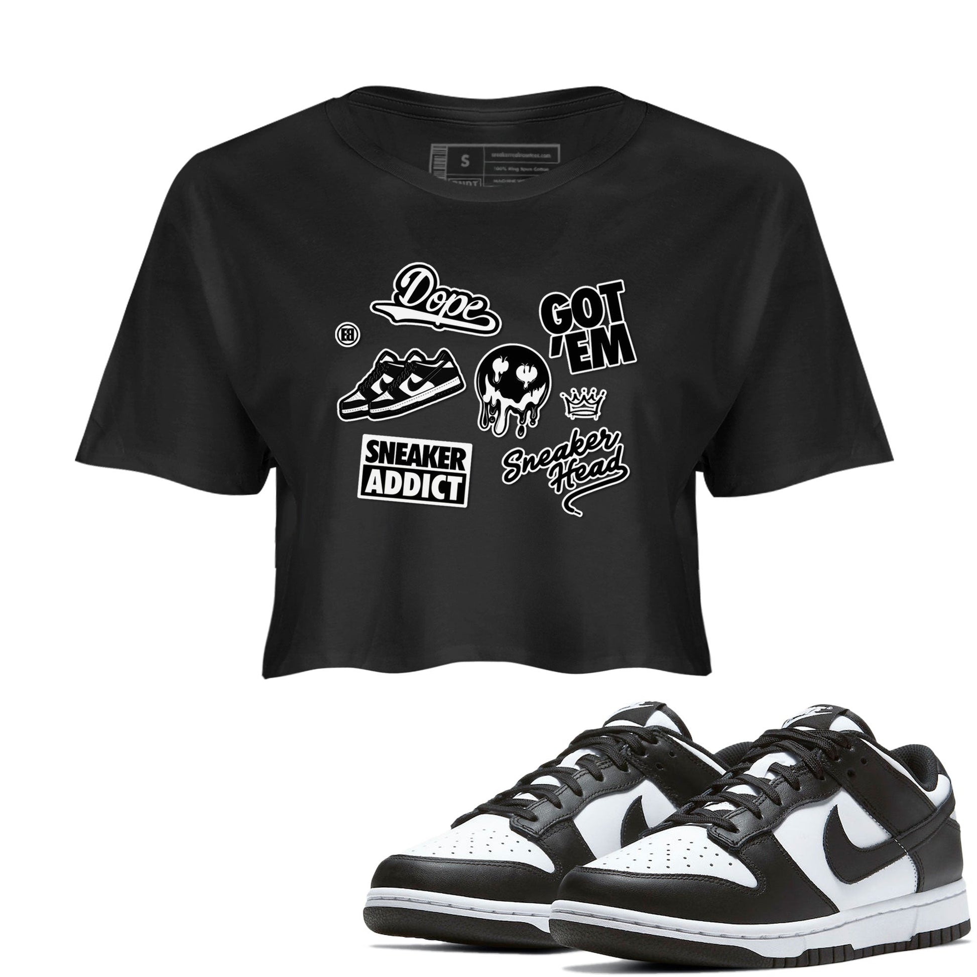 Dunk Low Panda shirt to match jordans Sneakerhead Sticker sneaker tees Dunk Panda SNRT Sneaker Tees Black 1 women's crop tee