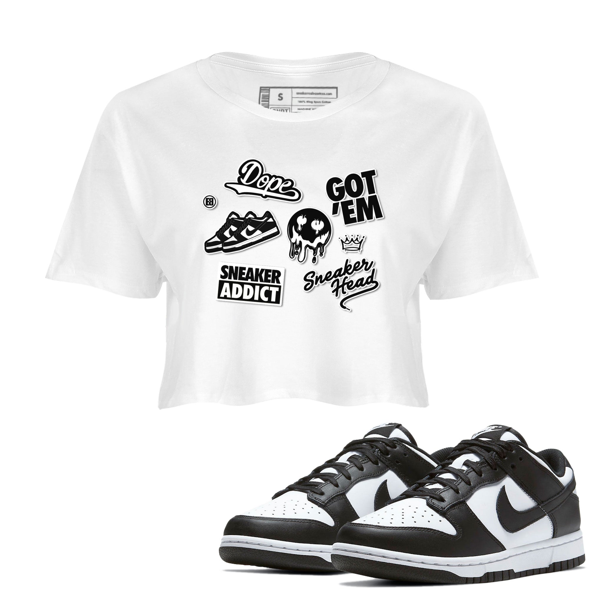 Dunk Low Panda shirt to match jordans Sneakerhead Sticker sneaker tees Dunk Panda SNRT Sneaker Tees White 1 women's crop tee