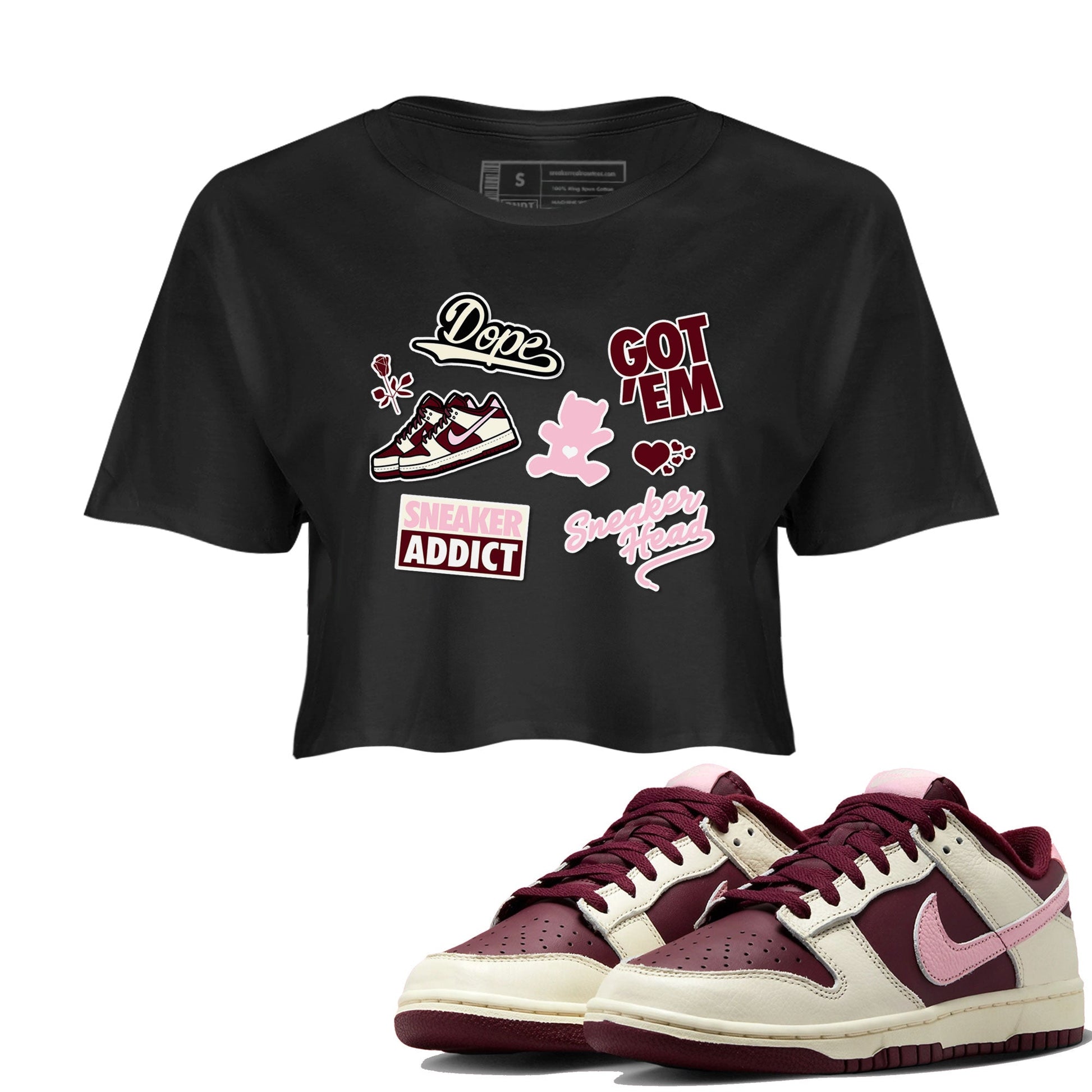Dunk Valentine's Day shirt to match jordans Sneakerhead Sticker sneaker tees Dunk Valentines Day SNRT Sneaker Tees Sneaker Matching Cotton Shirt Black 1 crop length shirt