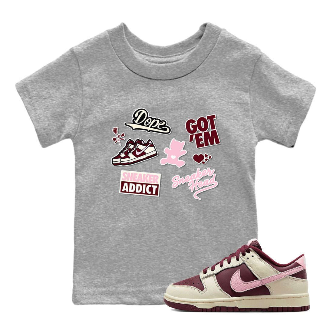Dunk Valentine's Day shirt to match jordans Sneakerhead Sticker sneaker tees Dunk Valentines Day SNRT Sneaker Tees Sneaker Matching Cotton Shirt baby toddler Heather Grey 1 cotton Shirt
