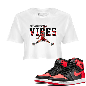 Air Jordan 1 Satin Bred shirt to match jordans Sneakerhead Vibes sneaker tees Air Jordan 1 Retro Satin Bred SNRT Sneaker Release Tees White 1 Crop T-Shirt
