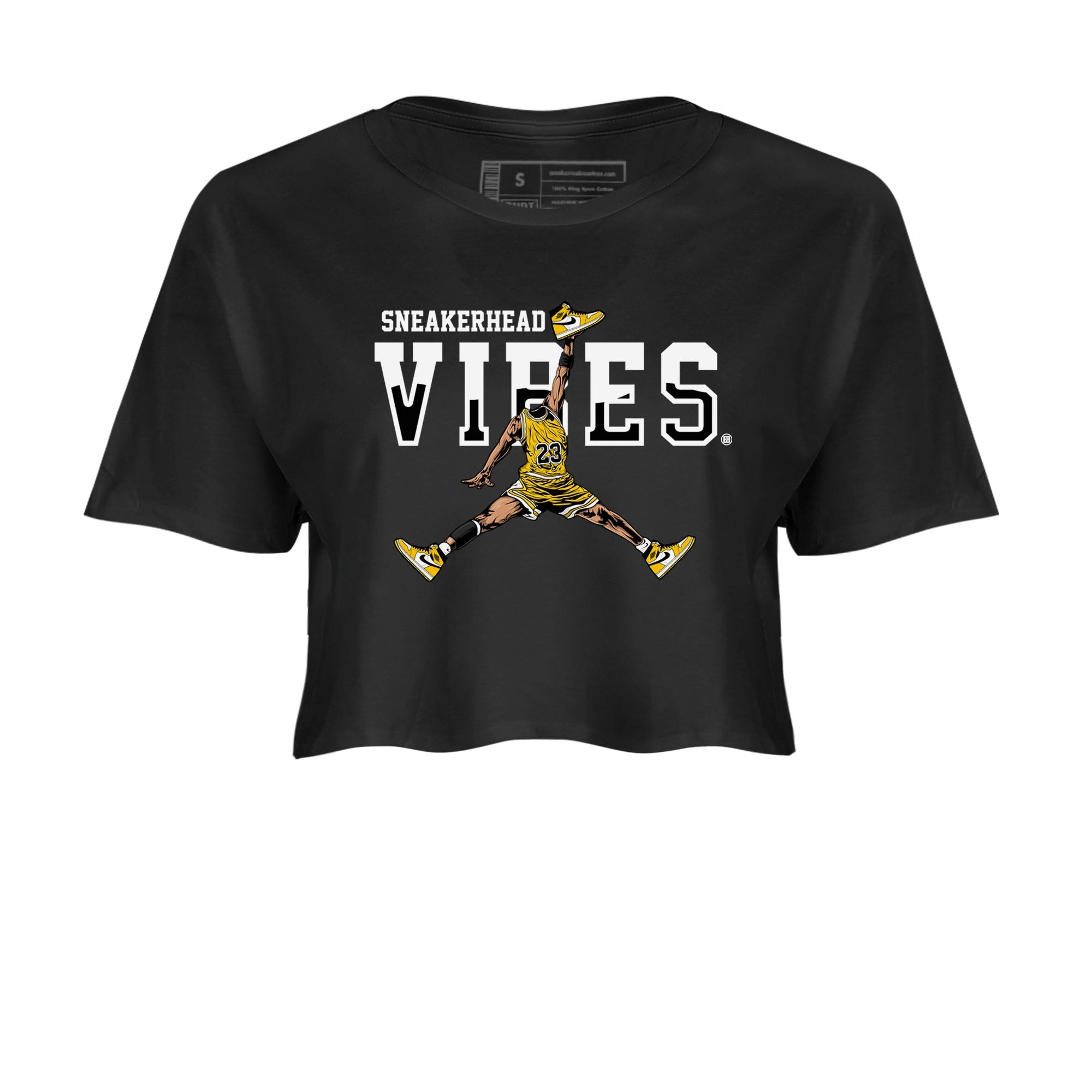 1s Yellow Ochre shirt to match jordans Sneakerhead Vibes sneaker tees streetwear brand Air Jordan 1 High OG Yellow Ochre SNRT Sneaker Release Tees Black 2 crop length shirt