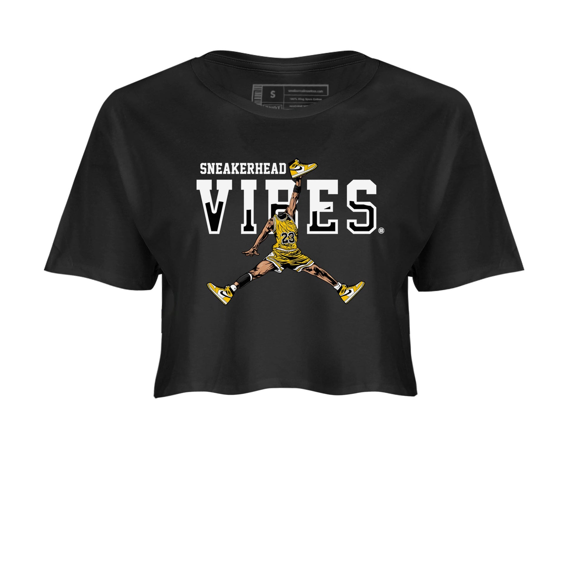 1s Yellow Ochre shirt to match jordans Sneakerhead Vibes sneaker tees streetwear brand Air Jordan 1 High OG Yellow Ochre SNRT Sneaker Release Tees Black 2 crop length shirt