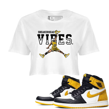 1s Yellow Ochre shirt to match jordans Sneakerhead Vibes sneaker tees streetwear brand Air Jordan 1 High OG Yellow Ochre SNRT Sneaker Release Tees White 1 crop length shirt