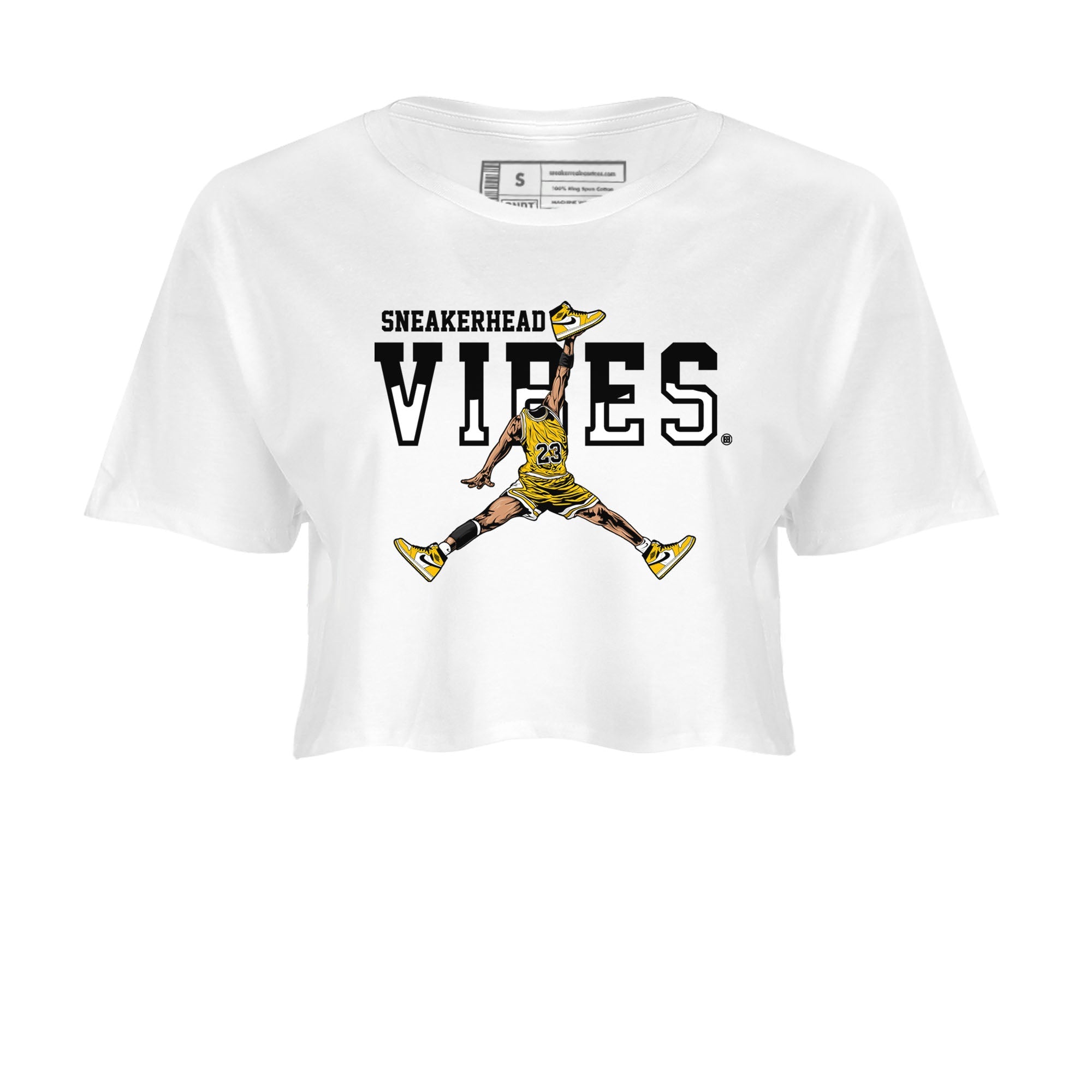 1s Yellow Ochre shirt to match jordans Sneakerhead Vibes sneaker tees streetwear brand Air Jordan 1 High OG Yellow Ochre SNRT Sneaker Release Tees White 2 crop length shirt