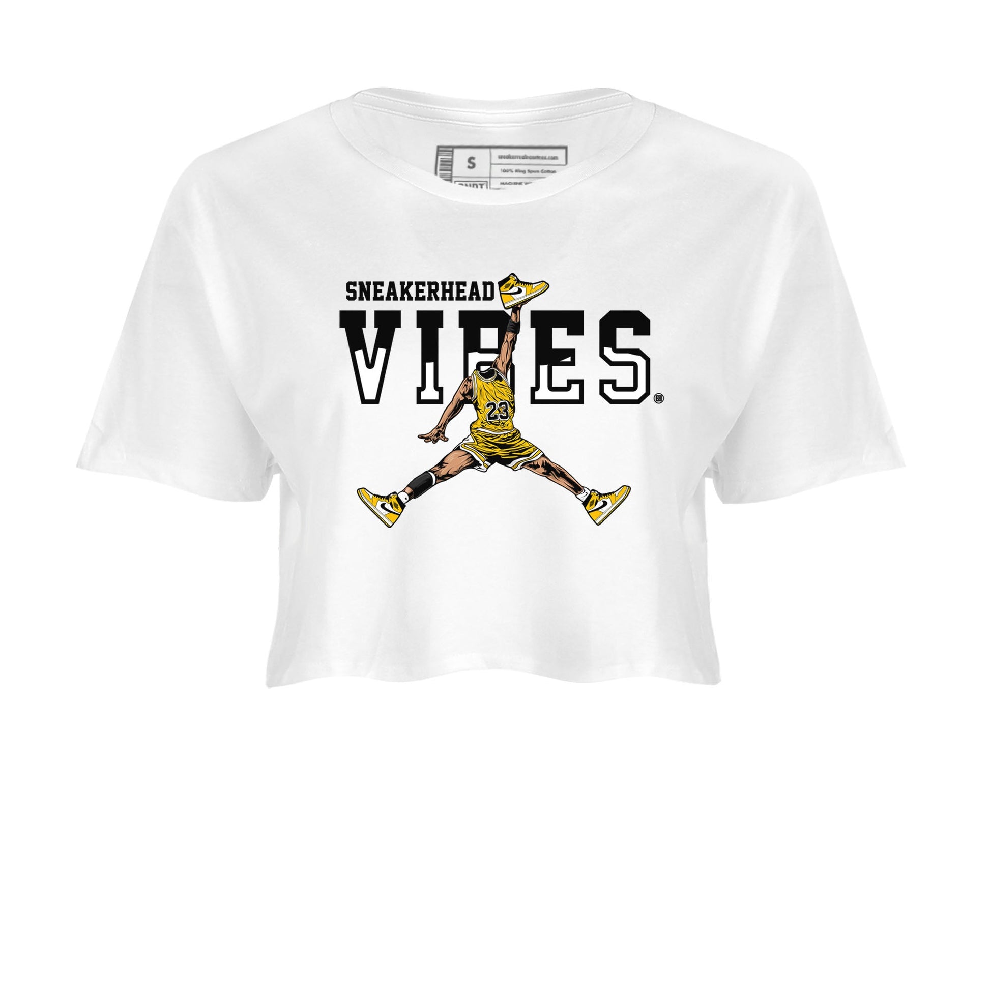 1s Yellow Ochre shirt to match jordans Sneakerhead Vibes sneaker tees streetwear brand Air Jordan 1 High OG Yellow Ochre SNRT Sneaker Release Tees White 2 crop length shirt