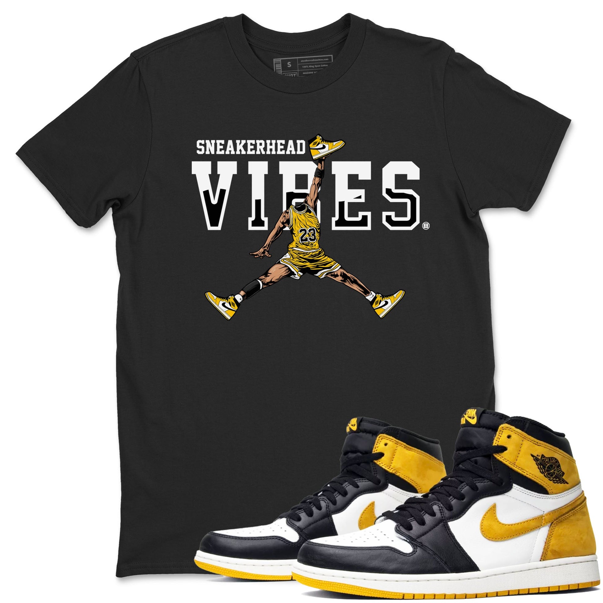 1s Yellow Ochre shirt to match jordans Sneakerhead Vibes sneaker tees streetwear brand Air Jordan 1 High OG Yellow Ochre SNRT Sneaker Release Tees unisex cotton Black 1 crew neck shirt