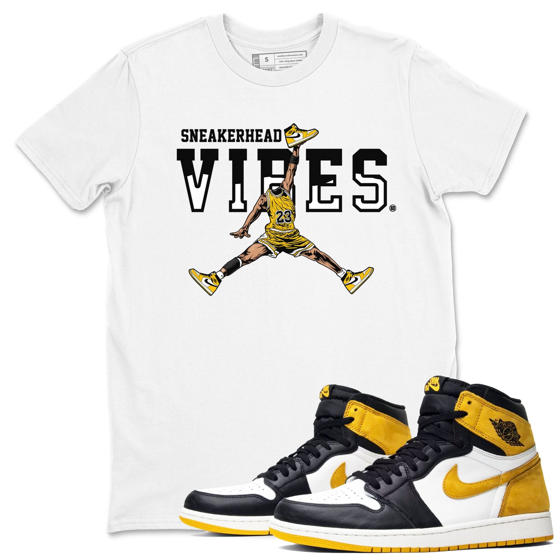 1s Yellow Ochre shirt to match jordans Sneakerhead Vibes sneaker tees streetwear brand Air Jordan 1 High OG Yellow Ochre SNRT Sneaker Release Tees unisex cotton White 1 crew neck shirt
